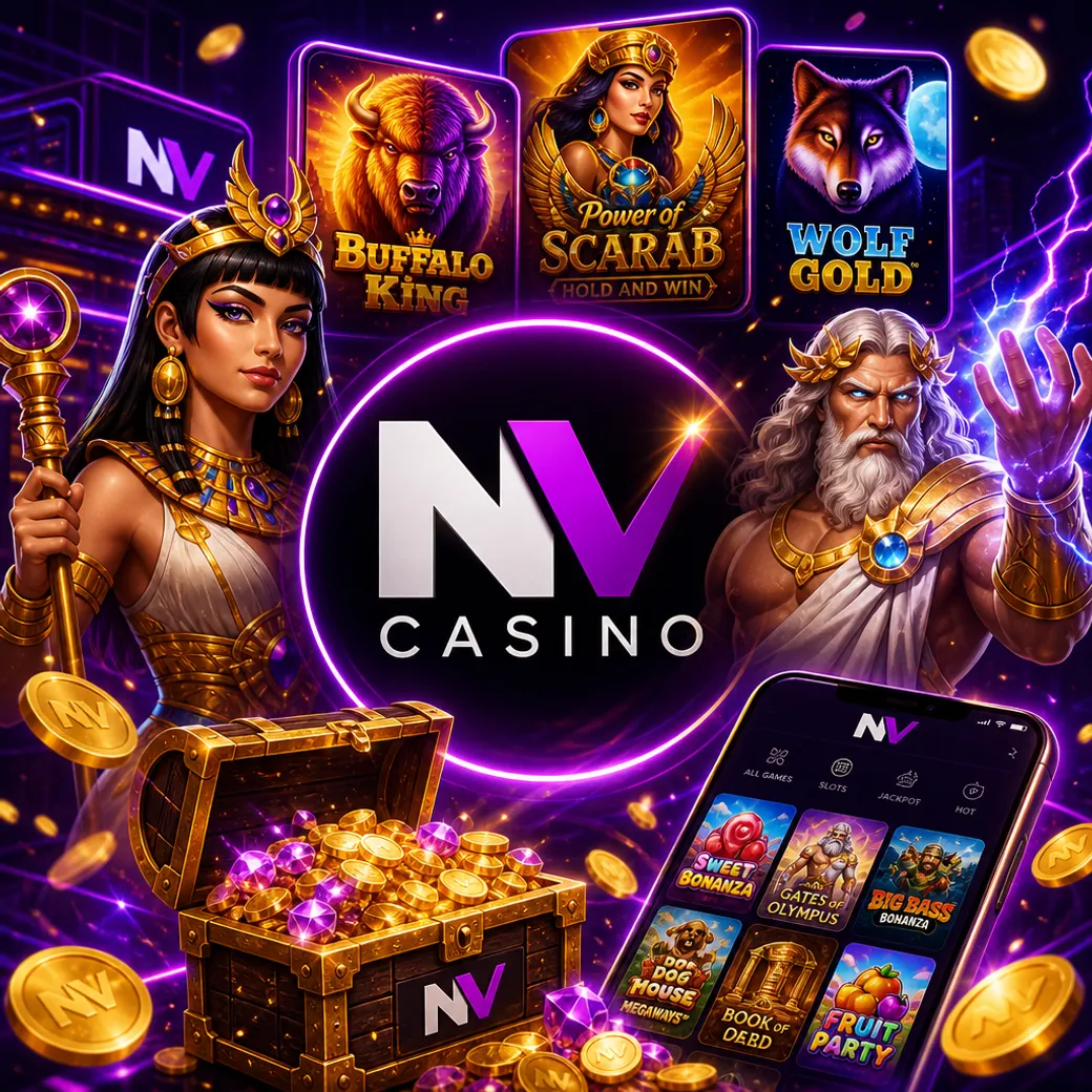 Official NV Casino promo image featuring vibrant colors and slot-inspired elements