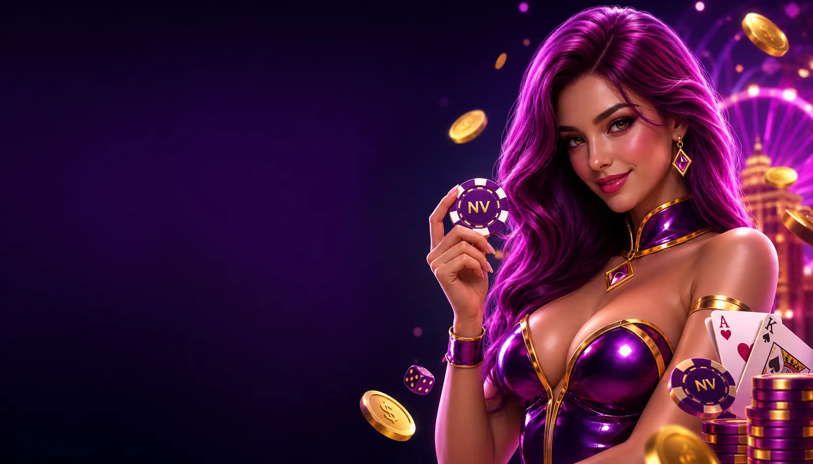 Glossy 3D casino hostess with luxurious neon style for NV Casino, featuring gold accents and vibrant colors.