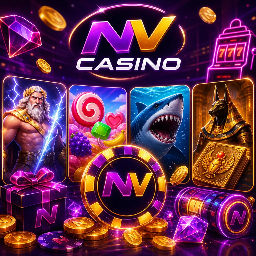 NV Casino promo featuring official logo, purple-magenta neon, and gold accents with slot themes in a 1024x1024 square format